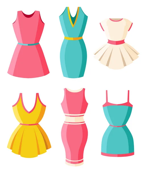 Sada šaty. Oblečení pro dámy. Dámské světlé barevné letní šaty. Plochý design. Vektorové ilustrace izolované na bílém pozadí. Webové stránky a mobilní aplikace — Stockový vektor