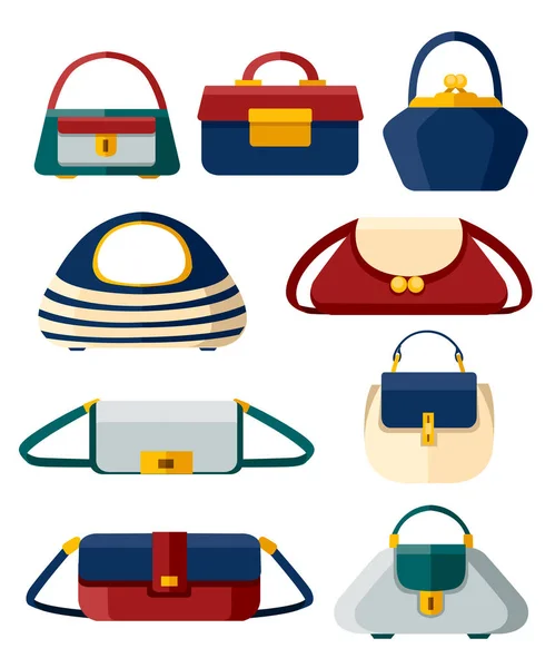 Set of stylish women's handbags. Collection of handbags of different shapes. Flat style design. Vector illustration isolated on white background. Web site page and mobile app — Stock Vector