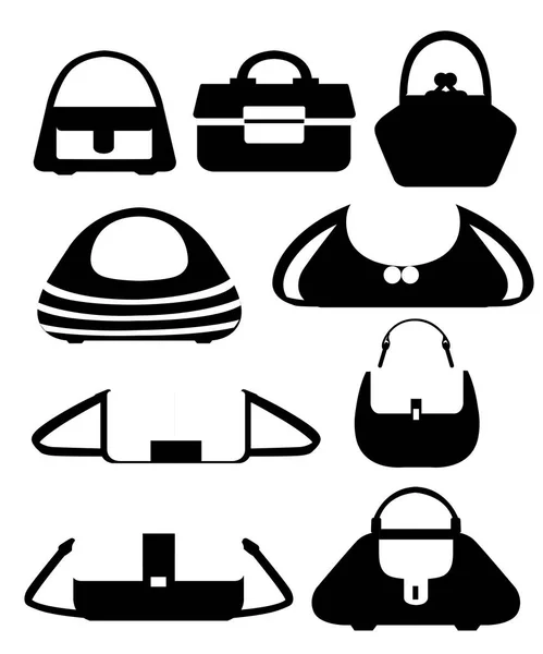 Sílhueta preta. Conjunto de bolsas femininas elegantes. Coleção de bolsas de diferentes formas. Design de estilo plano. Ilustração vetorial isolada sobre fundo branco. Página do site e aplicativo móvel — Vetor de Stock