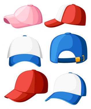 Beyzbol şapkası. Çeşitli kapaklar topluluğu. Mavi, beyaz, pembe ve kırmızı renkler. Çocuklar ve yetişkinler için yaz şapka. Karikatür tarzı tasarım. Beyaz arka plan üzerinde izole vektör çizim
