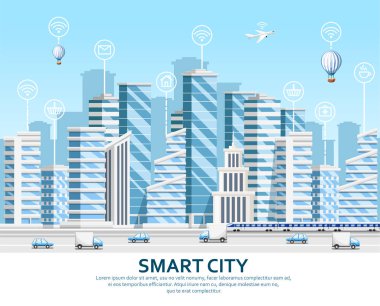 Gökdelenler grubudur. Şehir tasarım öğeleri. Akıllı şehir kavramı ile akıllı hizmet ve simgeler, şeylerin Internet. Vektör çizim gökyüzü arka plan üzerinde. Web sitesi sayfası ve mobil uygulaması tasarım