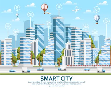 Şehir tasarım öğeleri ile yeşil ağaçlar. Akıllı şehir kavramı ile akıllı hizmet ve simgeler, şeylerin Internet. Vektör çizim üzerinde sky bulut arka plan ile. Web sitesi sayfası ve mobil uygulaması tasarım