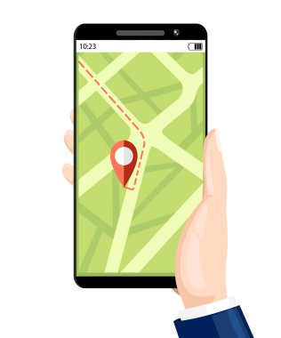 Rezervasyon taksi hizmeti. Gezinti Servisi. Elini tut smartphone ile hareket eden app ekranda. Düz çizgi film tarzı. Beyaz arka plan üzerinde izole vektör çizim