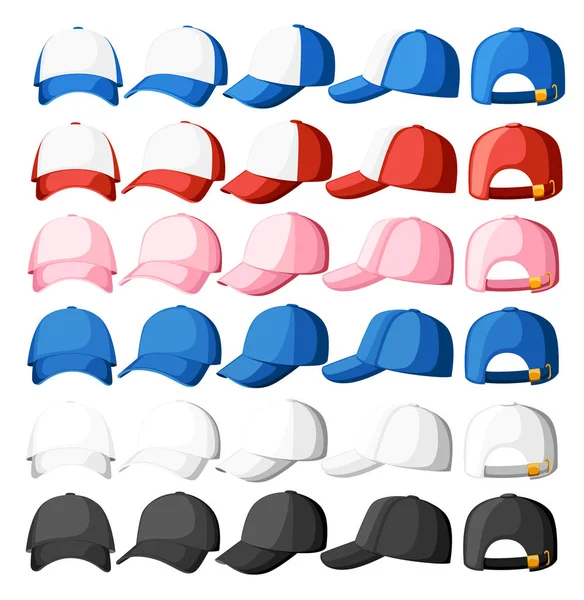 Berretto da baseball. Raccolta di vari berretti. Colori blu, bianco, rosa e rosso. Cappelli estivi per bambini e adulti. Disegno in stile cartone animato. Illustrazione vettoriale isolata su sfondo bianco — Vettoriale Stock