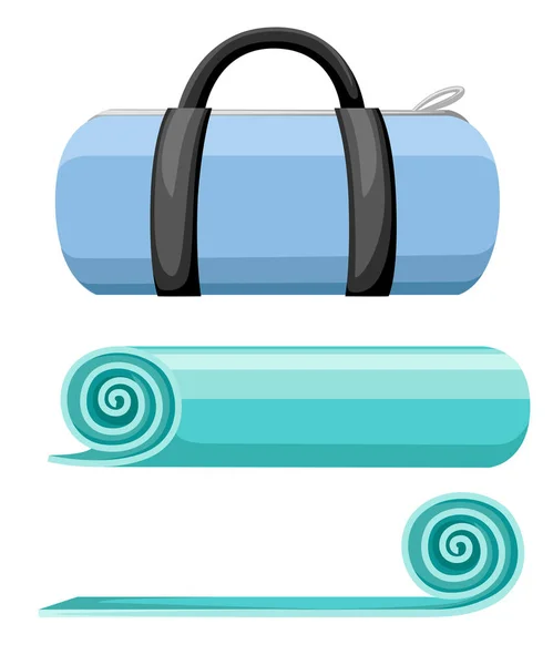 Tapis d'exercice et sac de sport. Tapis de yoga roulé et ouvert turquoise. Illustration vectorielle isolée sur fond blanc — Image vectorielle
