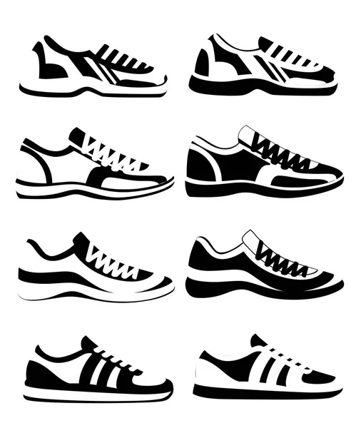 Fekete sziluettje. Cipő cipő. Sportos cipők vektoros illusztráció, fitness sport. Divat sportruházat, mindennapi cipők. Vektoros illusztráció elszigetelt fehér background — Stock Vector