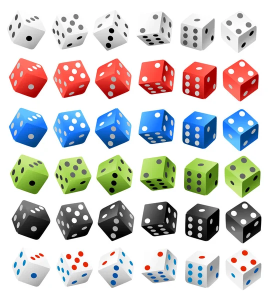 Serie di dadi del casinò vettoriale di icone autentiche. Cubi da poker rossi, neri, verdi, blu e bianchi. Diverse posizioni. Illustrazione vettoriale isolata su sfondo bianco — Vettoriale Stock