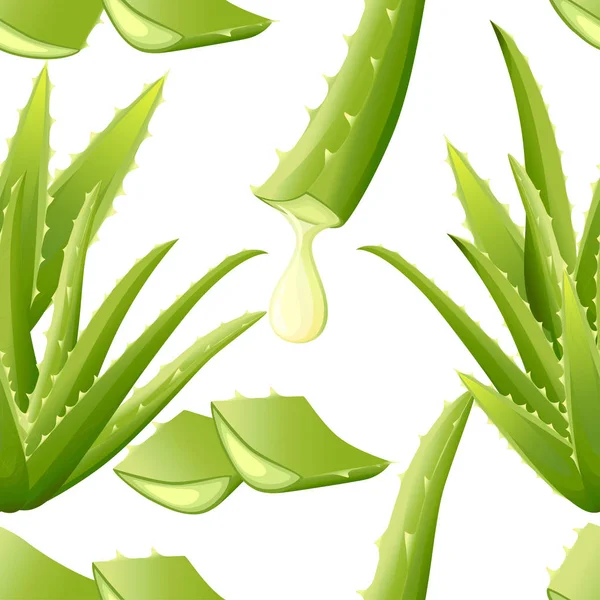 Patrón sin costuras. Planta de aloe vera verde. Cortar trozos de aloe vera. Suero y colágeno extractos naturales de vitamina para el cuidado de la piel cosmética. Ilustración vectorial sobre fondo blanco — Vector de stock