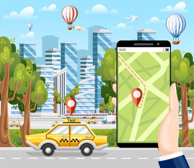 Taksi yolu ile mobil uygulama şehir gökdelenler, uçak, hava balonu ve araçların arka plan üzerinde rezervasyon. Düz çizgi film tarzı. Modern şehir kavramı