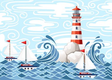 Fırtınalı deniz kaya taşları adası feneri ile. Su küçük gemilerde. Doğa veya deniz tasarım. Düz stil. Gökyüzü ve bulutlar arka plan ile vektör çizim