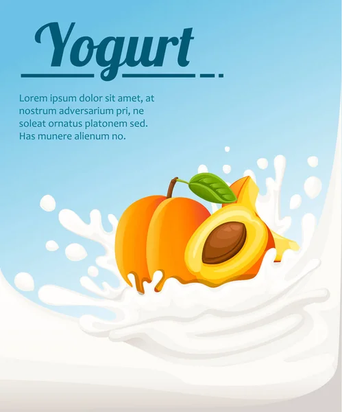 Йогурт со вкусом персика. Молочные брызги и персиковые фрукты. Объявления йогурта в плоском стиле. Векторная иллюстрация на светло-голубом фоне. Место для текста — стоковый вектор