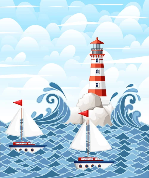 Mare tempestoso con faro su isola di sassi. Piccole navi sull'acqua. Natura o design marino. Stile piatto. Illustrazione vettoriale con cielo e nuvole sfondo — Vettoriale Stock