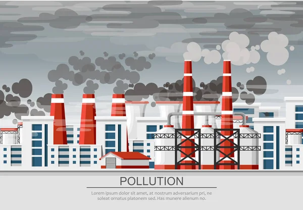 Fábricas com tubos de fumaça. Problema de poluição ambiental. Fábrica da Terra polui com gás carbônico. Ilustração plana vetorial. Ilustração vetorial com fundo cinza do céu sujo —  Vetores de Stock