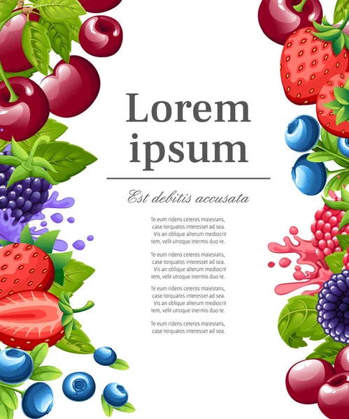 Muster von süßen Beeren. Illustration mit Erdbeere, Kirsche, Himbeere, Brombeere und Blaubeere. Beeren mit grünen Blättern. Vektorillustration für dekorative Plakate. Platz für Ihren Text — Stockvektor