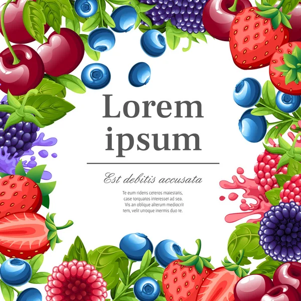 Pattern of sweet berries. Illustration with strawberry, cherry, raspberry, blackberry and blueberry. Berries with green leaves. Vector illustration for decorative poster. Place for your text — Stock Vector