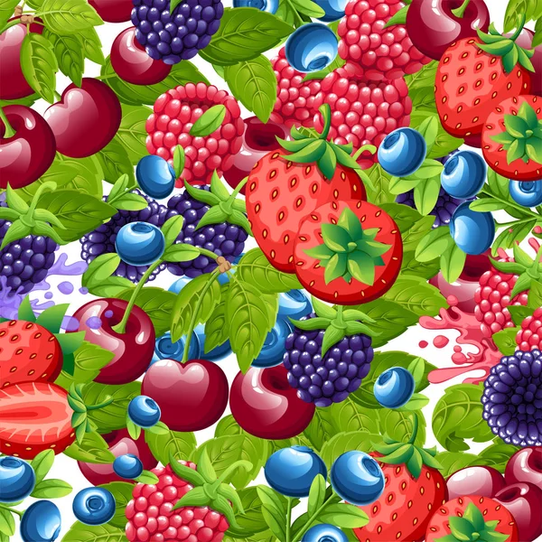 Minta édes bogyók. Illusztráció, eper, cseresznye, málna, szeder és áfonya. Bogyók, zöld levelekkel. Vektoros illusztráció dekoratív plakát — Stock Vector