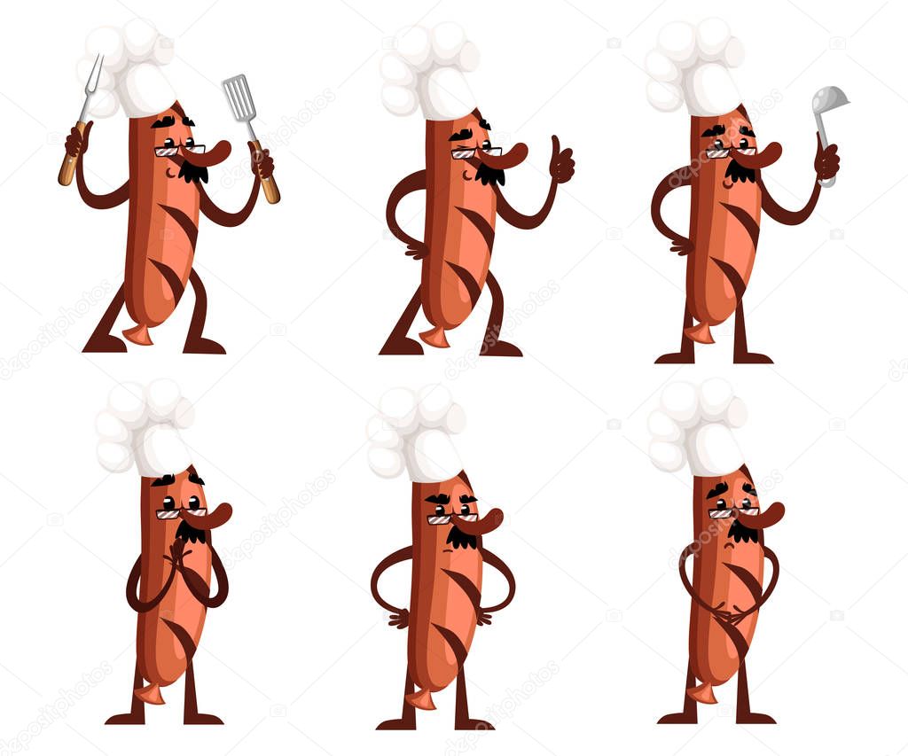 Set of grill sausage character design. Sausage mascot holds kitchen tools. The concept of a cook. Cartoon style. Vector illustration isolated on white background. Web site page and mobile app design