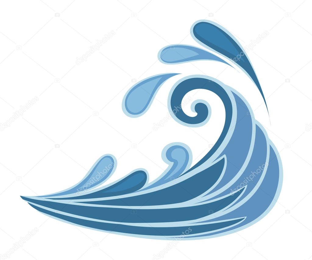 Stormy sea blue wave icon with water splashes and swirling drop. Nature or marine design. Flat style. Vector illustration isolated on white background.