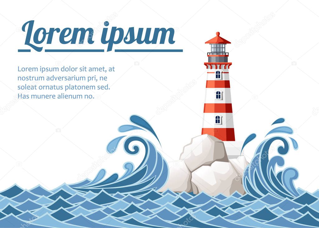 Stormy sea with lighthouse on rock stones island. Nature or marine design. Flat style. Vector illustration on white background with place for your text.