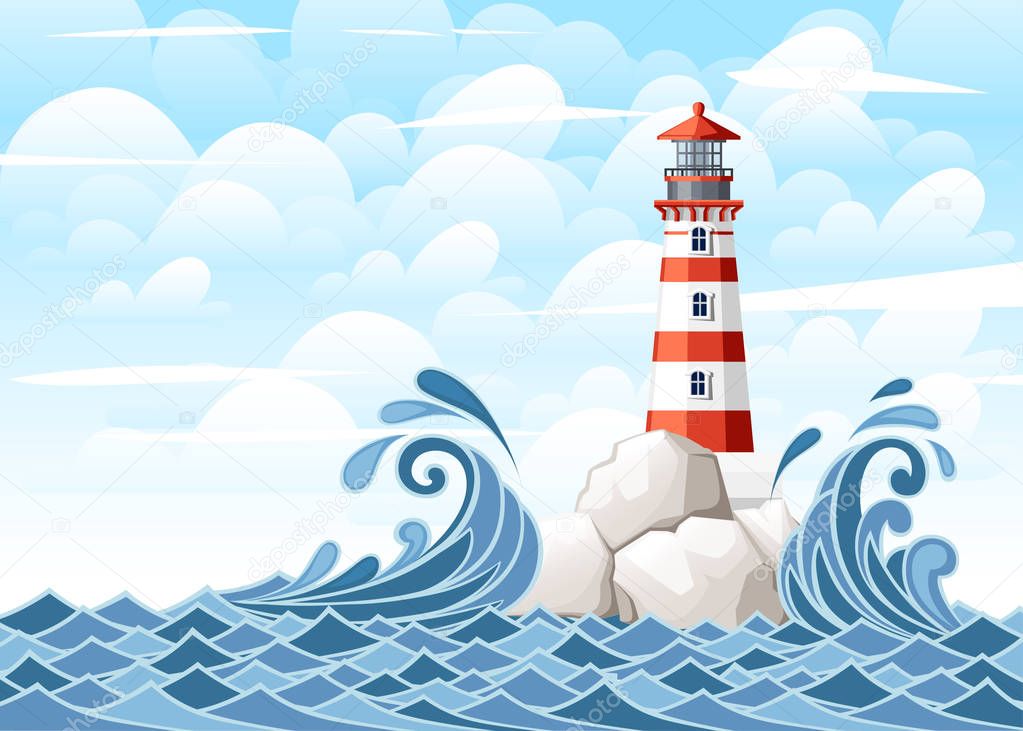 Stormy sea with lighthouse on rock stones island. Nature or marine design. Flat style. Vector illustration with sky and clouds background.