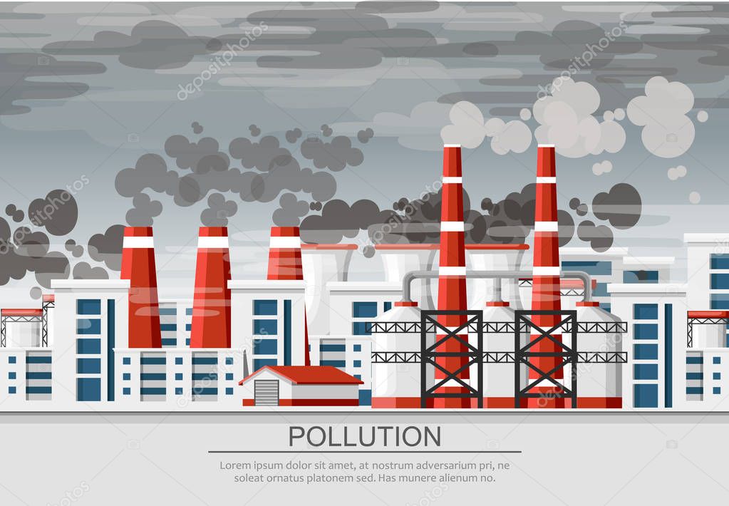 Factories with smoke pipes. Environmental pollution problem. Earth factory pollute with carbon gas. Vector flat illustration. Vector illustration with gray dirty sky background