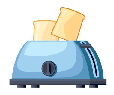 Mavi ekmek kızartma makinesi. Çelik tost makinesiyle iki dilim ekmek. Karikatür tarzı tasarım. Beyaz arka plan üzerinde izole vektör çizim