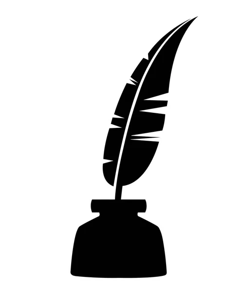 Zwarte silhouet. Ganzenveer en Inkwell kleur icoon. Zwarte schrijven veer. Pen symbool de illustratie. Vectorillustratie geïsoleerd op witte achtergrond — Stockvector