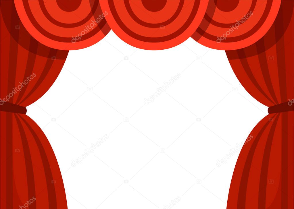 Open red curtains. Classic theater stage. Flat vector illustration isolated on white background