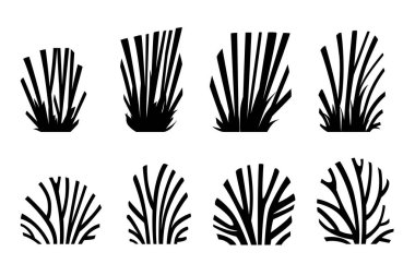 Beyaz arka planda izole edilmiş siyah siluet çimen ve çalılar modern bahçe veya halka açık park dekorasyonu düz vektör illüstrasyon tasarımı