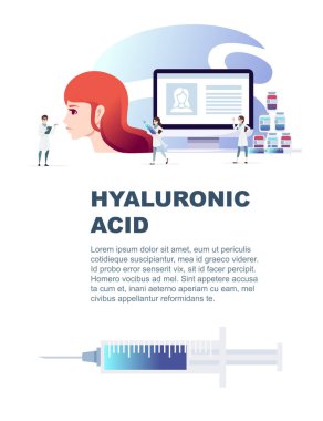 Hyaluronik asit enjeksiyonu tıbbi şırınga ve kaplar cilt bakımı ve tıbbi müdahale düz vektör çizimi beyaz arka plan dikey uçucu tasarımı