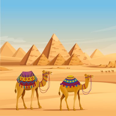 Giza Mısır Piramitleri, düz vektör resimli develer ile çöl manzarası yatay