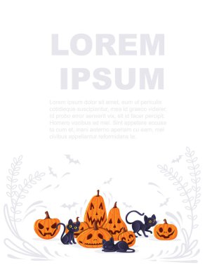 Kara kedili Cadılar Bayramı balkabakları hayvan tasarımı korkunç balkabağı beyaz arka planda dikey pankartla düz vektör illüstrasyonuyla karşı karşıya