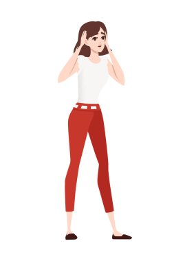 Şüphe ifadesi çizgi film karakteri tasarımı beyaz arka planda izole edilmiş düz vektör çizimi olan güzel esmer kadınlar.