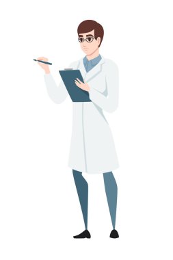 Çizgi film karakteri tasarımı beyaz arka planda düz vektör çizimi tutan bilim adamı.