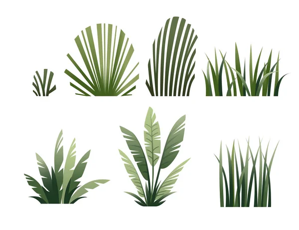 Set of green grass and bushes modern foliage design for garden or public park decoration flat vector illustration isolated on white background. — Vector de stock