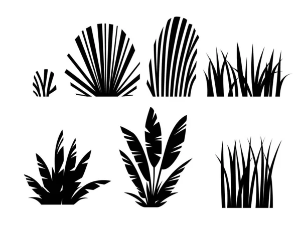Conjunto de siluetas negras de hierba y arbustos de diseño follaje moderno para la decoración de jardín o parque público plana vector ilustración aislada sobre fondo blanco. — Archivo Imágenes Vectoriales