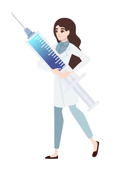 Medical doctor woman holding giant syringe cartoon character design flat vector illustration isolated on white background. — Archivo Imágenes Vectoriales