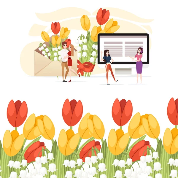 Open milieuvriendelijke papieren envelop met lentebloemen en koppel datum vergadering concept creatief ontwerp platte vector illustratie op witte achtergrond — Stockvector