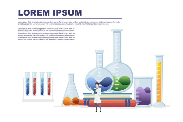 Laboratório de Química design abstrato com equipamentos grandes e pequenos cientistas publicidade folheto design ilustração vetorial plana —  Vetores de Stock