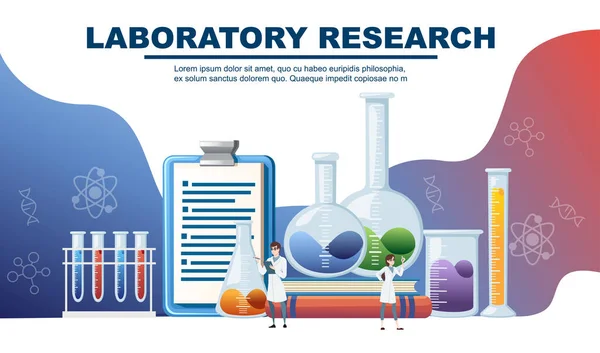 Χημεία εργαστήριο αφηρημένη σχεδίαση με μεγάλο εξοπλισμό και λίγο επιστήμονες διαφήμιση φυλλάδιο σχεδιασμό επίπεδη διανυσματική απεικόνιση — Διανυσματικό Αρχείο