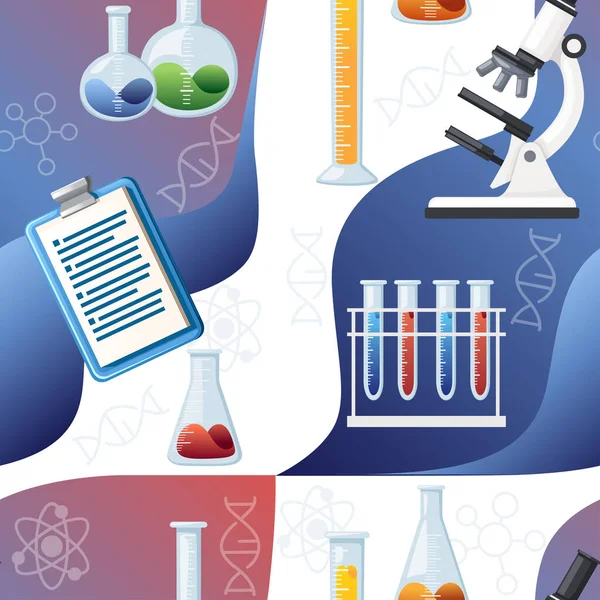 化学実験室の漫画デザイン装置のシームレスなパターンチラシのデザインフラットベクトルイラストを宣伝 — ストックベクタ