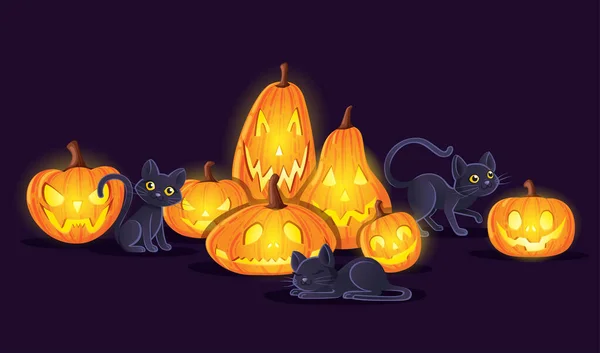 Halloween pompoenen met zwarte katten cartoon dier ontwerp eng pompoen gezichten platte vector illustratie op donkere achtergrond — Stockvector