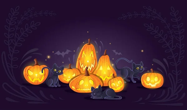 Halloween pompoenen met zwarte katten cartoon dier ontwerp eng pompoen gezichten platte vector illustratie op donkere achtergrond — Stockvector
