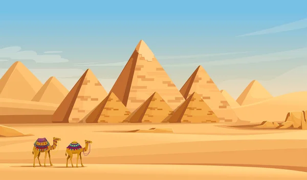 Paisaje desértico de las Pirámides Egipcias de Giza con camellos plano vector ilustración horizontal imagen. — Vector de stock