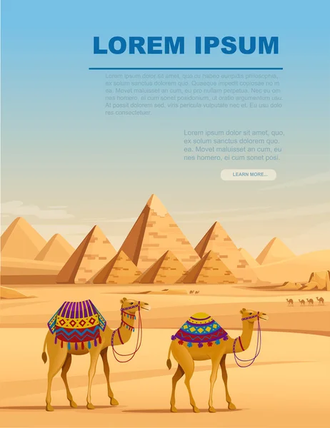 Γκίζα αιγυπτιακή πυραμίδες τοπίο της ερήμου με καμήλες επίπεδη διανυσματική απεικόνιση κάθετο σχεδιασμό πανό — Διανυσματικό Αρχείο