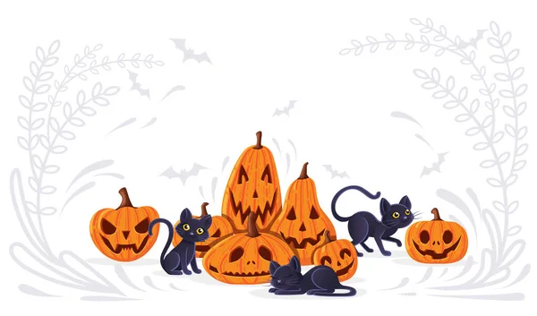 Halloween pompoenen met zwarte katten cartoon dier ontwerp eng pompoen gezichten platte vector illustratie op witte achtergrond — Stockvector