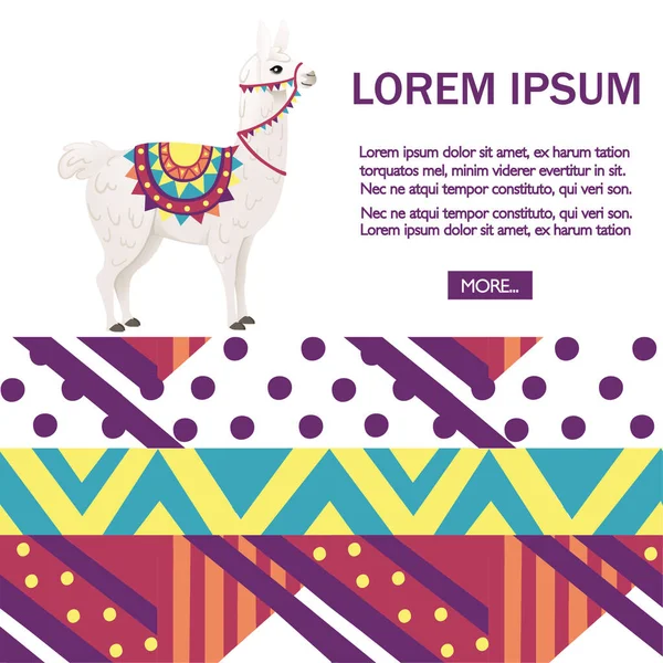 Advertising flyer or website design cute llama wearing decorative saddle with patterns cartoon animal design flat vector illustration side view — Stock Vector