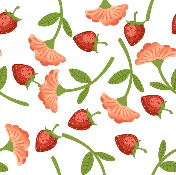Płynny wzór truskawek i czerwony kwiat płaski wektor ilustracji na białym tle — Wektor stockowy