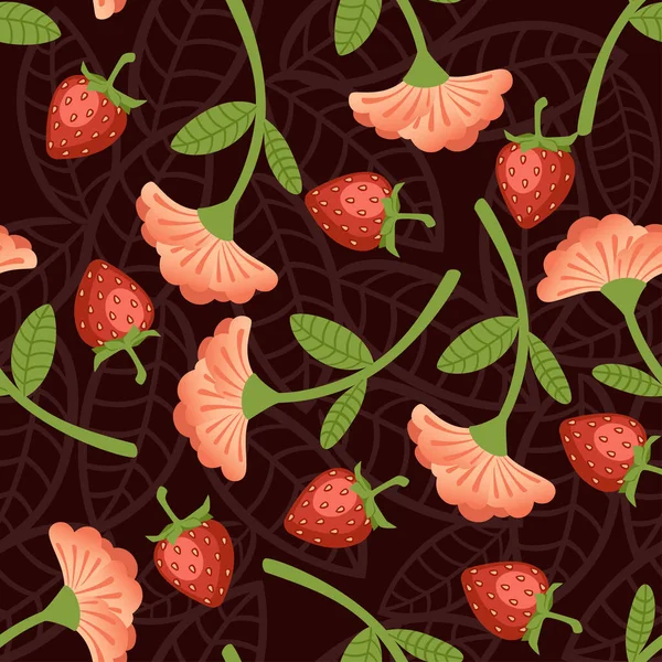 Bezešvé vzor divokých jahod a červené květy ploché vektorové ilustrace na hnědém pozadí — Stockový vektor