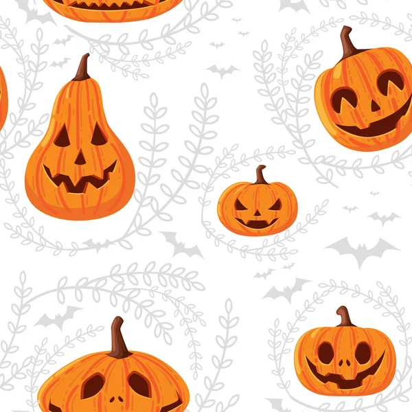 Naadloos patroon van schattige en enge Halloween pompoenen met gezichten cartoon groenten platte vector illustratie op witte achtergrond met silhouet van bladeren en vleermuis — Stockvector